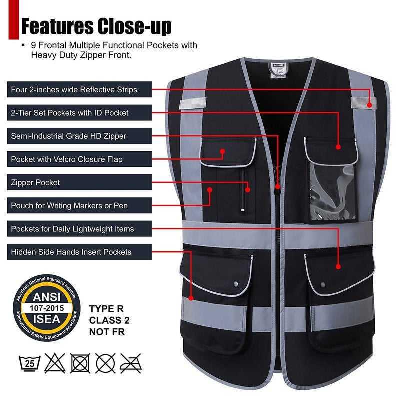 HATAUNKI Class 2 Retro-Reflection Safety Vests 9 Pockets and Front Zipper ANSI/ISEA 107-2015 (Black-03, X-Large) - Image 2